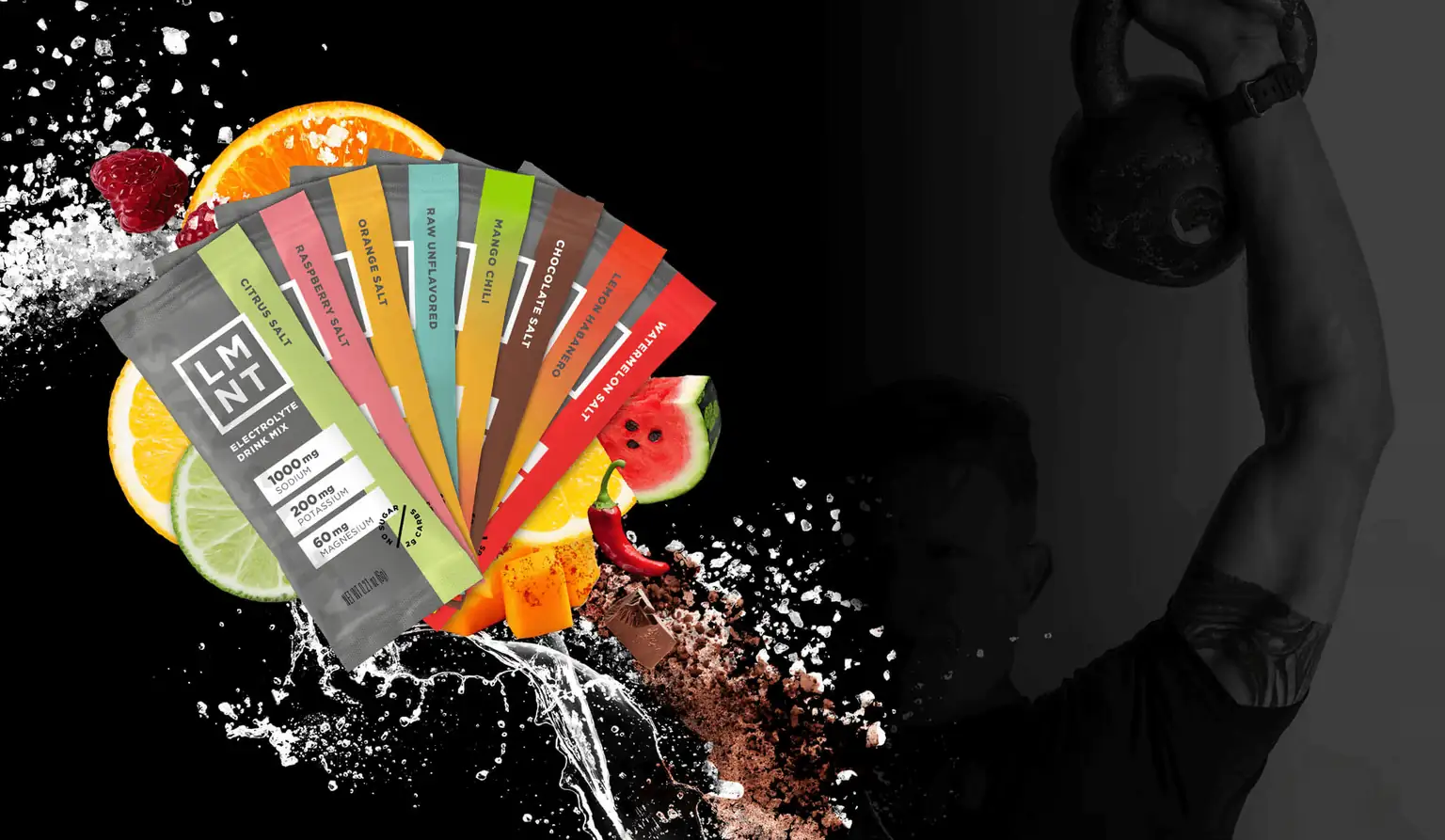 LMNT electrolyte sample pack with assorted flavors
